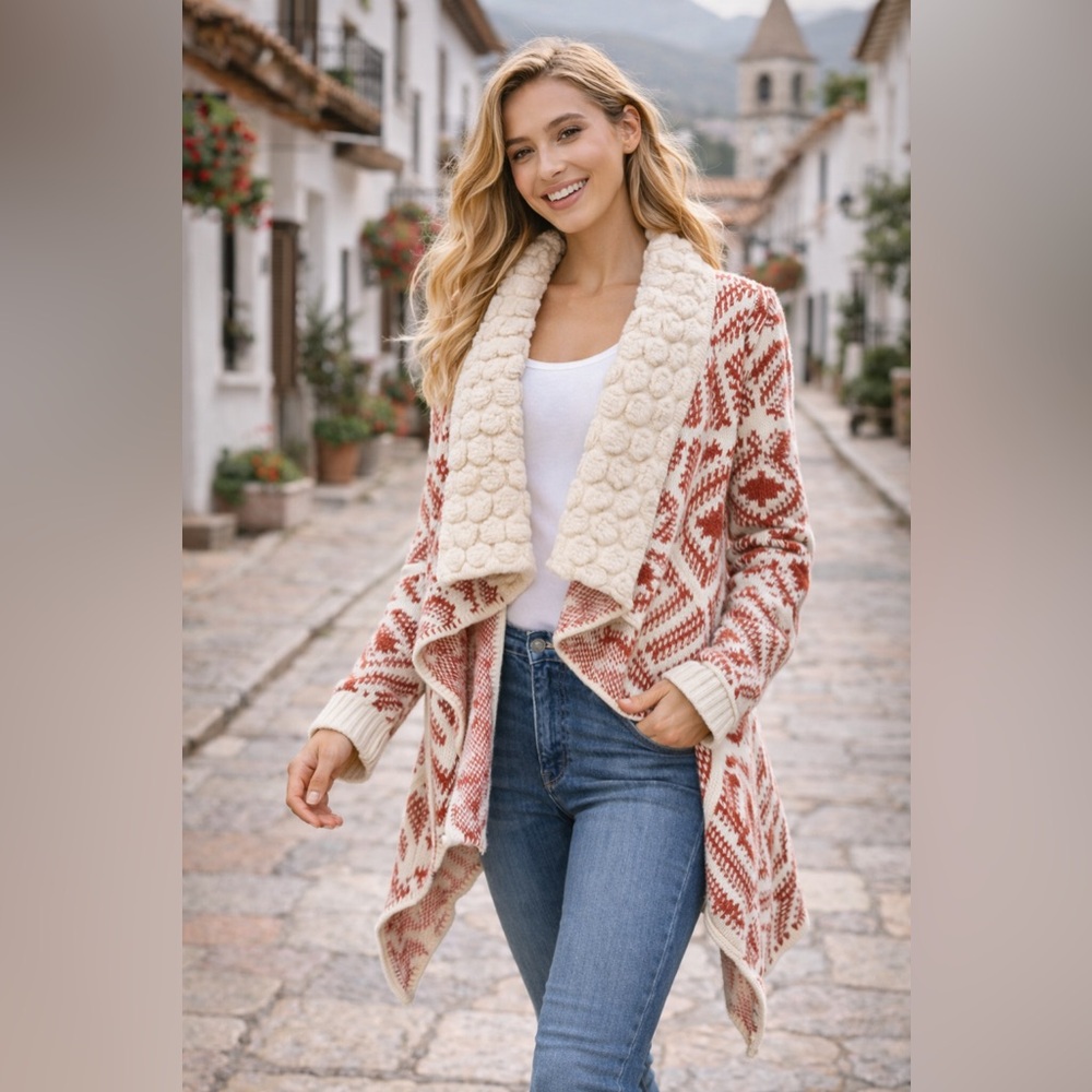 Anthropologie La Fee Verte Maple Trail Cardigan M Cream Red Aztec Knit